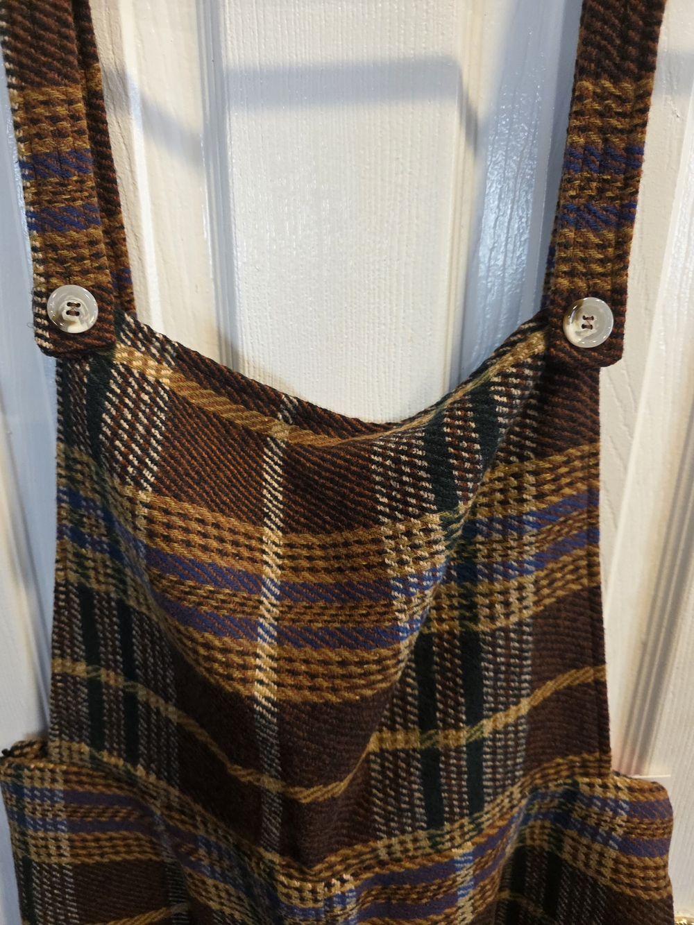 Cider Brown Plaid Cropped Overall Jumpsuit with Blue & Gold Accents - Picture 3 of 7